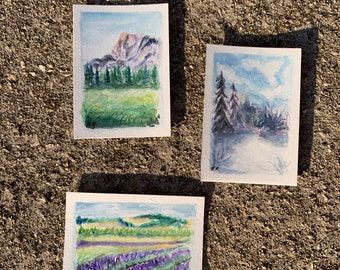 Set of 3 Tiny Watercolor Landscape Paintings, Hand Painted Semi-Realism Nature Watercolor Paintings, Tiny Wall Art, Fine Art