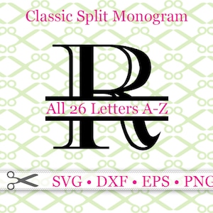 May include: A black split monogram letter R with a line above and below the letter. The text "All 26 Letters A-Z" is below the line. The image is on a green and white checkered background.