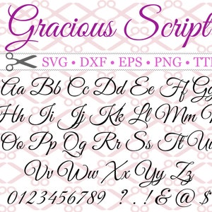 May include: A font alphabet in a cursive script style. The letters are in black and the background is a pink and white pattern. The font includes uppercase letters, lowercase letters, numbers, and punctuation marks. The text "Gracious Script" is at the top of the image.