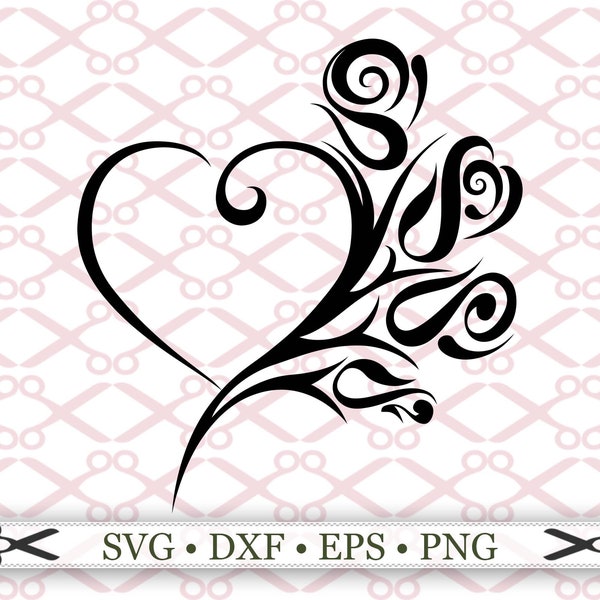 HEART ROSE SVG File, Tribal Heart Svg, Png, Dfx, Eps, Heart Tattoo Svg, Rose Tattoo Svg, Heart and Rose Love Svg Silhouette Cricut