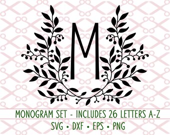 Monograma elegante en formato SVG, DXF, EPS y PNG. Monograma con hojas elegantes, ideal para bodas, estilo rústico chic. Archivos para Cricut y Silhouette. Archivos de corte digital.