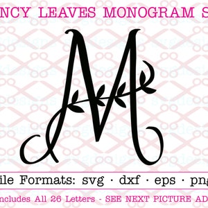 Monograma de folhas extravagantes SVG, DXF, EPS, PNG; Monograma de casamento extravagante SVG, monograma desenhado à mão com 26 letras de A a Z, arquivos de corte para Cricut e Silhouette
