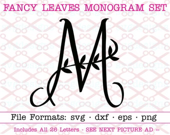 Fancy Leaves Monogram SVG, Dxf, Eps, Png; Fancy Wedding Monogram Svg, Hand Drawn Monogram 26 Letters A-Z Cut Files for Cricut & Silhouette