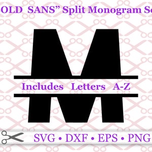 May include: A black split monogram letter "M" in a bold sans-serif font. The letter is split horizontally with a line that reads "Includes Letters A-Z". The background is a pink and white pattern of crossed scissors.