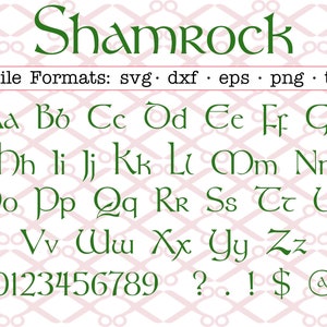 SHAMROCK SVG lettere e numeri, caratteri, Svg Dxf Eps, Png, carattere celtico irlandese, file Svg di San Patrizio, Cricut Silhouette; Bonus TTF