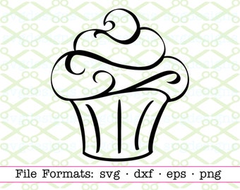 CUPCAKE SVG, Dxf, Eps & Png. Digital Cut Files for Cricut, Line Art, Cupcake Stencil, Hand Drawn SVG, Cupcake Outline, Cupcake Swirl Svg