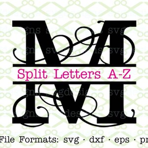 May include: Black and white split letter M with decorative swirls. The letters are separated by a horizontal line with the text "Split Letters A-Z" in pink.