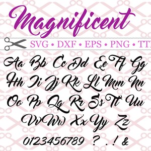 以下が含まれることがあります： 「Magnificent」という単語が大きくスタイリッシュなフォントで上部に書かれた、白黒のフォントアルファベット。アルファベットには大文字、数字、句読点などが含まれています。フォントは筆記体スタイルです。