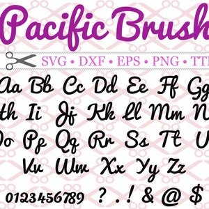 Op de afbeelding: Een alfabetkaart met het woord "Pacific Brush" in roze cursief bovenaan. Het alfabet is in zwart cursief met de cijfers 0-9 en leestekens. De achtergrond is een roze en wit geruit patroon.