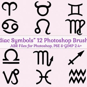 PINCÉIS DO PHOTOSHOP Símbolos do Zodíaco, 12 Símbolos do Zodíaco, Arquivos ABR + Folha de Colagem PNG, Conjunto de Pincéis do Photoshop Símbolos da Astrologia, Uso Comercial Ok