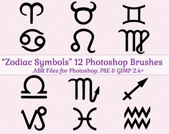 Conjunto de Pincéis para Photoshop com Símbolos do Zodíaco, 12 Símbolos do Zodíaco, Arquivos ABR + Folha de Colagem PNG, Conjunto de Pincéis para Photoshop com Símbolos Astrológicos, Uso Comercial Permitido