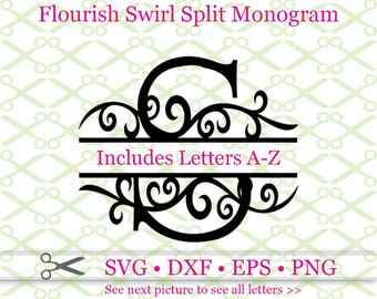 Op de afbeelding: Zwart-wit gesplitst monograafontwerp met een zwierige krul. De letter G is in de afbeelding te zien. De tekst "Includes Letters A-Z" staat onder het monograaf. De tekst "SVG•DXF • EPS • PNG" staat onderaan de afbeelding. De tekst "See next picture to see all letters >>" staat onder de tekst van het bestandstype.