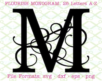 Monograma con adornos SVG, DXF, EPS, PNG; Monograma elegante con adornos SVG, 26 letras A-Z, monograma SVG para Cricut y Silhouette, archivo de corte SVG