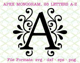 Monograma Apex em SVG, DXF, EPS e PNG; Monograma de casamento sofisticado em SVG, 26 letras de A a Z, Arquivos de monograma para Cricut e Silhouette, Letras Apex modificadas