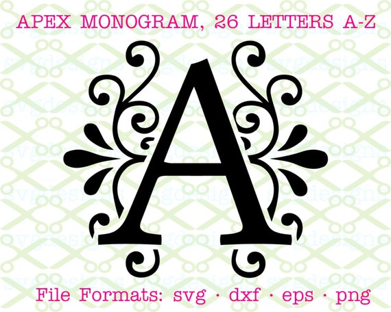 Apex Monogram SVG, Dxf, Eps, Png; Fancy Wedding Monogram Svg, 26 Letters A-Z, Monogram files for Cricut & Silhouette, Modified Apex Letters
