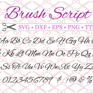 May include: Brush Script font alphabet in black with uppercase and lowercase letters, numbers 0-9, and symbols including dollar sign, exclamation point, at symbol, ampersand, and percent sign. The font is displayed on a pink and white background with a pattern of overlapping scissors.