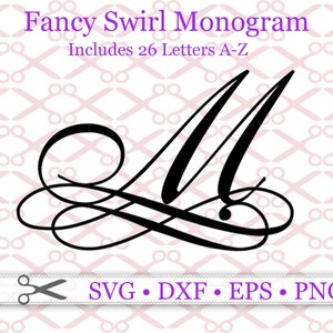 May include: A black and white monogram letter M with a fancy swirl design. The letter is set against a pink and white background with a pattern of crossed scissors. The text "Fancy Swirl Monogram" and "Includes 26 Letters A-Z" is above the letter. The text "SVG • DXF • EPS • PNG" is below the letter.