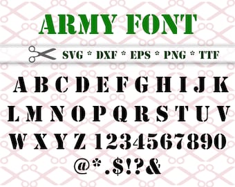 Carattere Army Monogram SVG, lettere stencil SVG, SVG, DXF, EPS, PNG; lettere e numeri in grassetto, Silhouette, Cricut, carattere per poster, file TTF