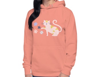 Roze speelse kat hoodie, kat lover hoodie, kat hoodie, kat met bloemen, speelse kat met bloemen, cadeau voor kattenliefhebber, kat, unisex hoodie