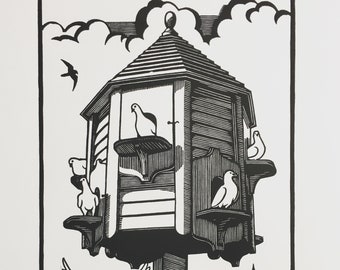 May include: A black and white linocut print depicting a multi-level birdhouse on a post, occupied by several birds. A bird is in flight below, with a small church and graveyard in the background. The print is signed and numbered 8/50 at the bottom.