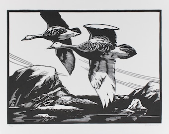 Gansos / Impresión en linóleo de edición limitada hecha a mano / INK804