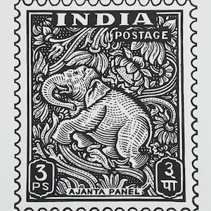Elefante / Sello postal de la India / Impresión en linóleo de edición limitada hecha a mano