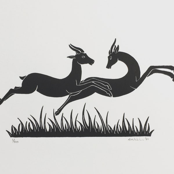 Antilopes | Impression linogravure faite main en édition limitée