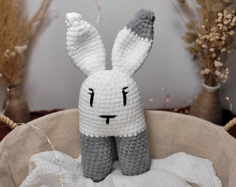 Doudou lapin pour bébé, peluche fait main au crochet pour nouveau né