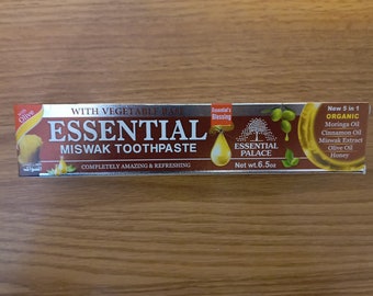 Essential palace organic miswak herbal whitening toothpaste- cinnamon,moringa, olive oil and honey. 100% fluoride free.6.5 oz. Exp. 2/2026.