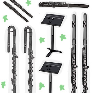 May include: A set of five black and silver musical instruments, including flutes and a music stand. The music stand has a smiley face drawn on it. The text "Musical Musings by Cat" is at the top of the image.