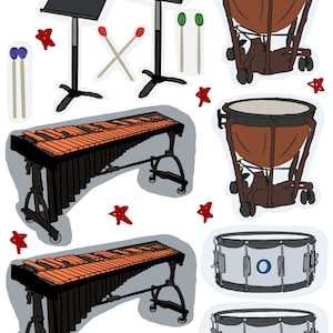 May include: A set of musical instruments including a xylophone, two timpani drums, two snare drums, and two music stands. The instruments are all black and silver with orange and brown accents.