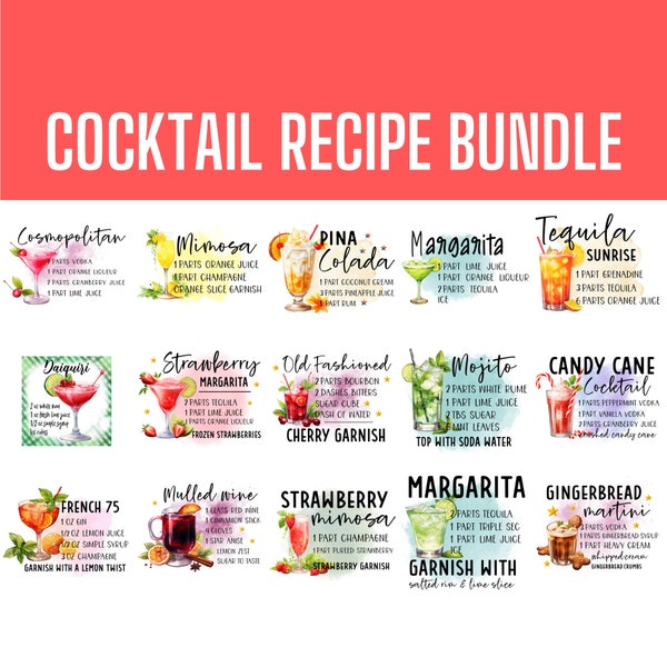 Cocktail Recipe Cards, Cocktail Glass Prints, 15 Designs Bundle, Files For Sublimation Printing and More