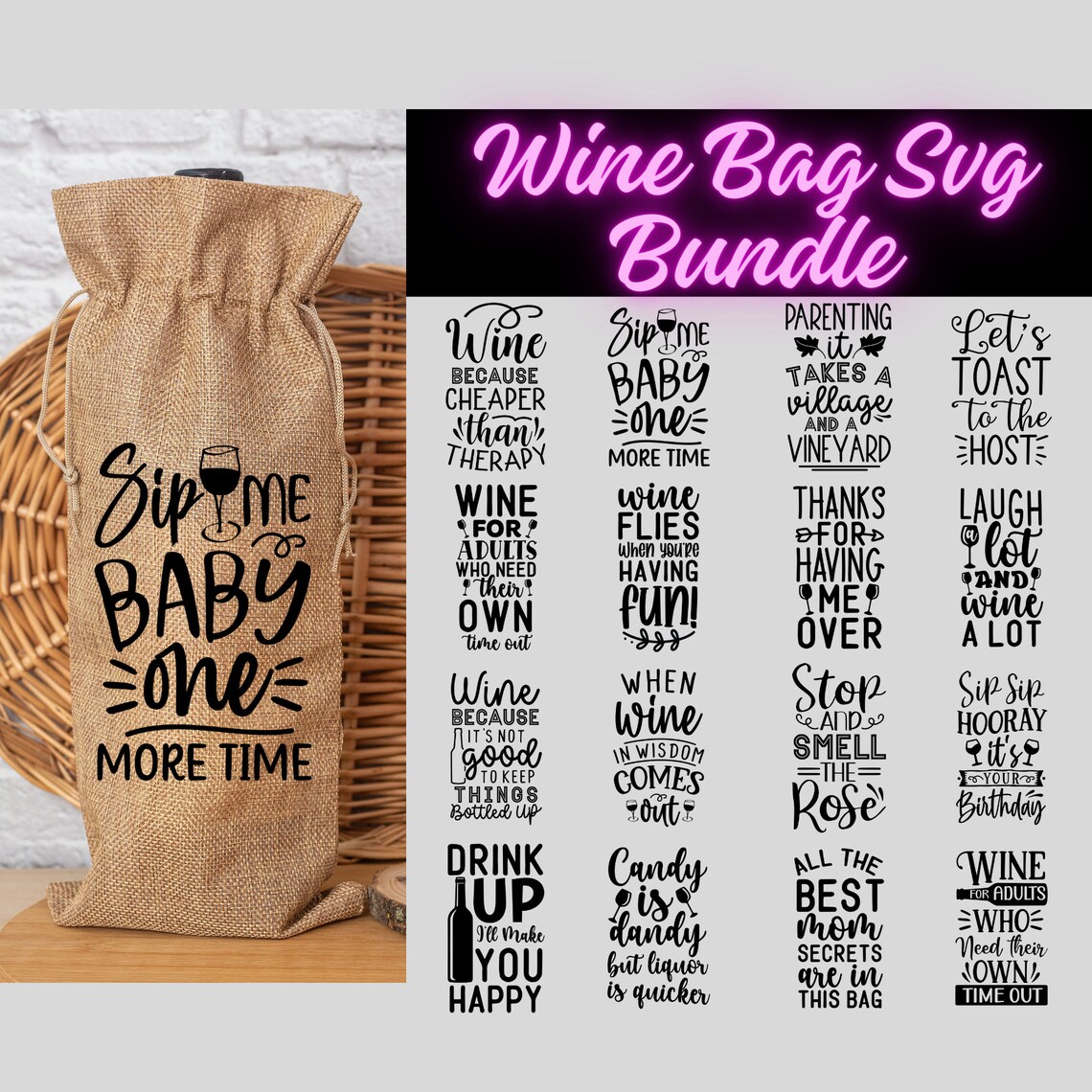 Funny Wine Bag Sayings Svg Bundle, 40 Unique Designs, Files for Cricut, Silhouette,
