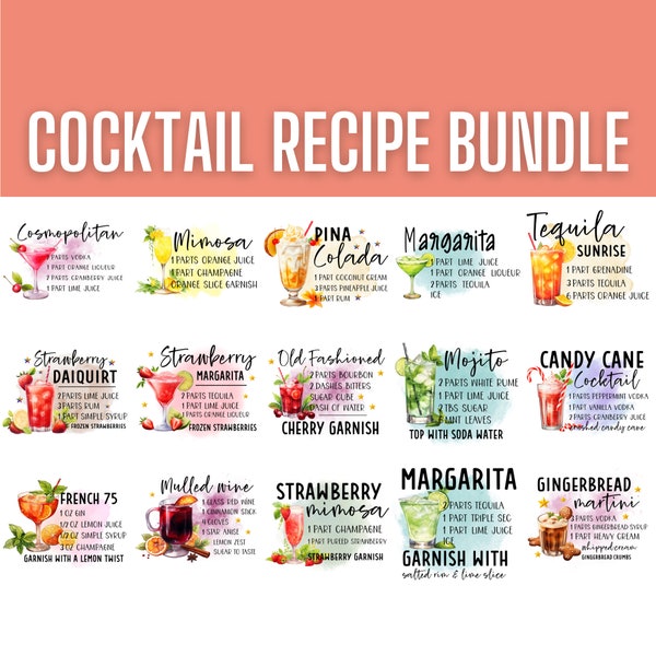 Cocktail Recipe Cards, Cocktail Glass Prints, 15 Designs Bundle, Files For Sublimation Printing and More