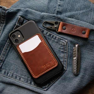 Handgemaakte telefoonkaarthouder portemonnee, Horween telefoonportemonnee, lederen stick-on telefoonportemonnee, stick op telefoonkaarthouder, geschenken voor hem haar