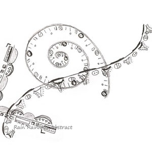 May include: A black and white line drawing of a spiral with numbers and other markings. The drawing is titled "Rain Rain Go Away Abstract".