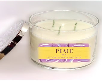 PEACE. Highly fragrant three wick candle. 14.5oz pure white soy blend candle. Home decor.