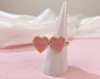 Barbie Pink Gold Plated FUCK OFF Locket Ring, Adjustable Secret Message Gold Band, 14K Gold Fuck You Ring, Y2k Enamel F-Word Stacking Ring