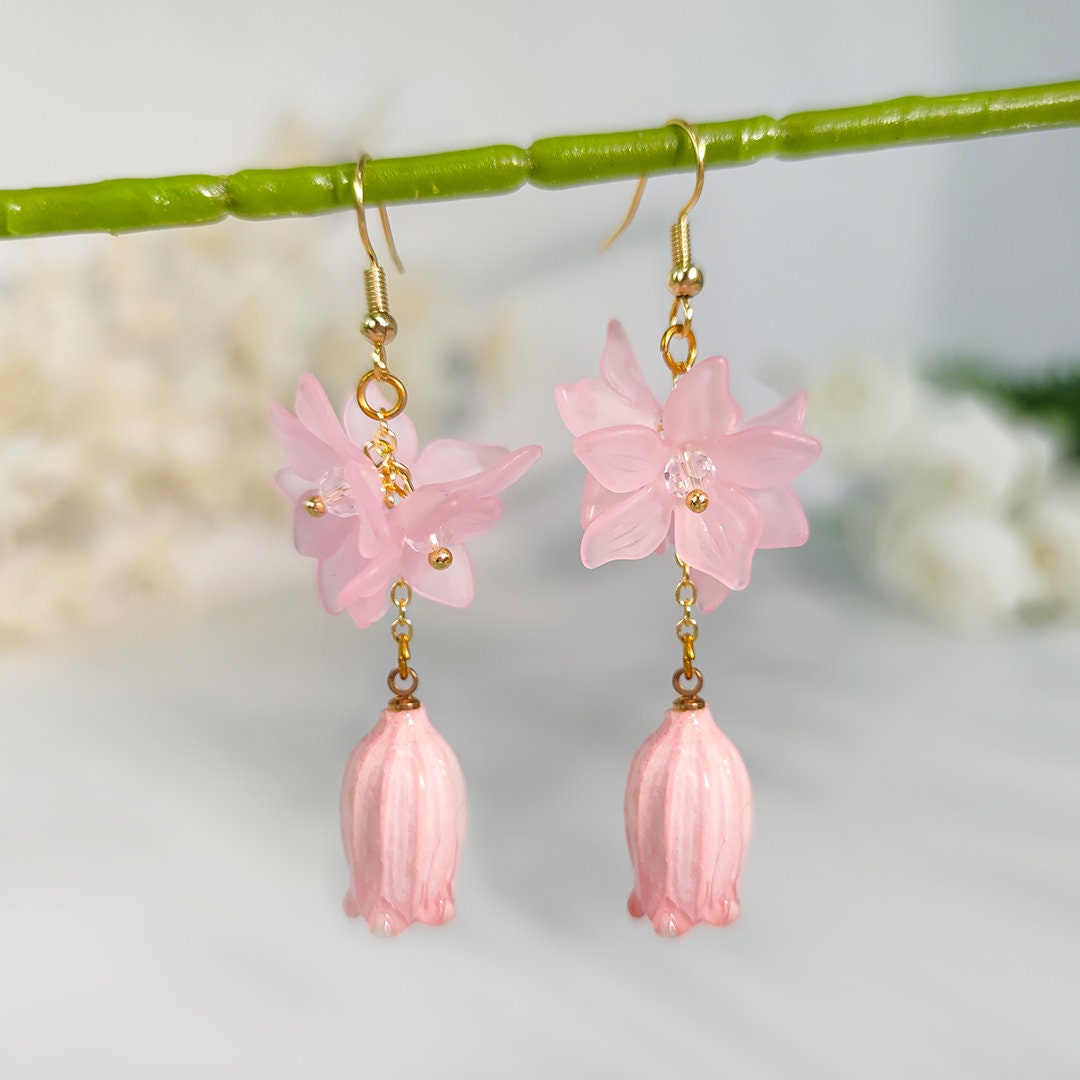 Pink flower earrings dangle deals