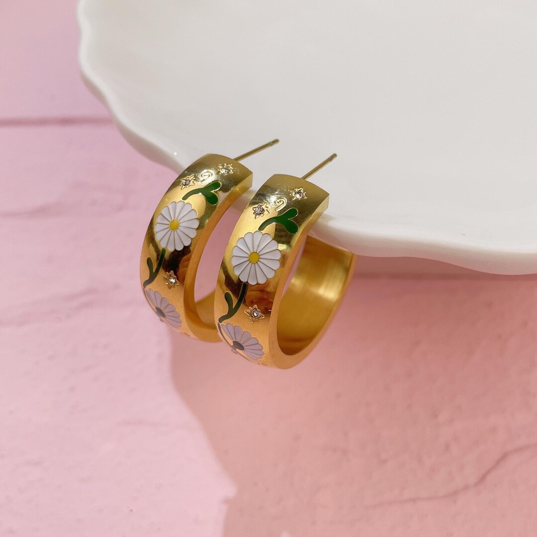 18k Gold Painted Flower Chunky Earrings Colorful C Shape Flower Huggie