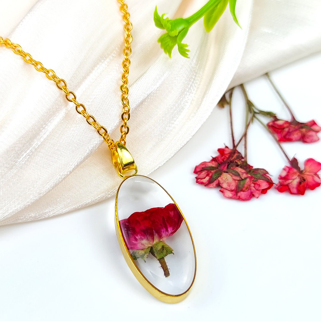 Handmade Pressed Flower Water Drop Necklace |Rose Red Daisy Flowers | Blue Lobelia Flowers | Resin Jewelry for women, Rose Red Daisy / 18