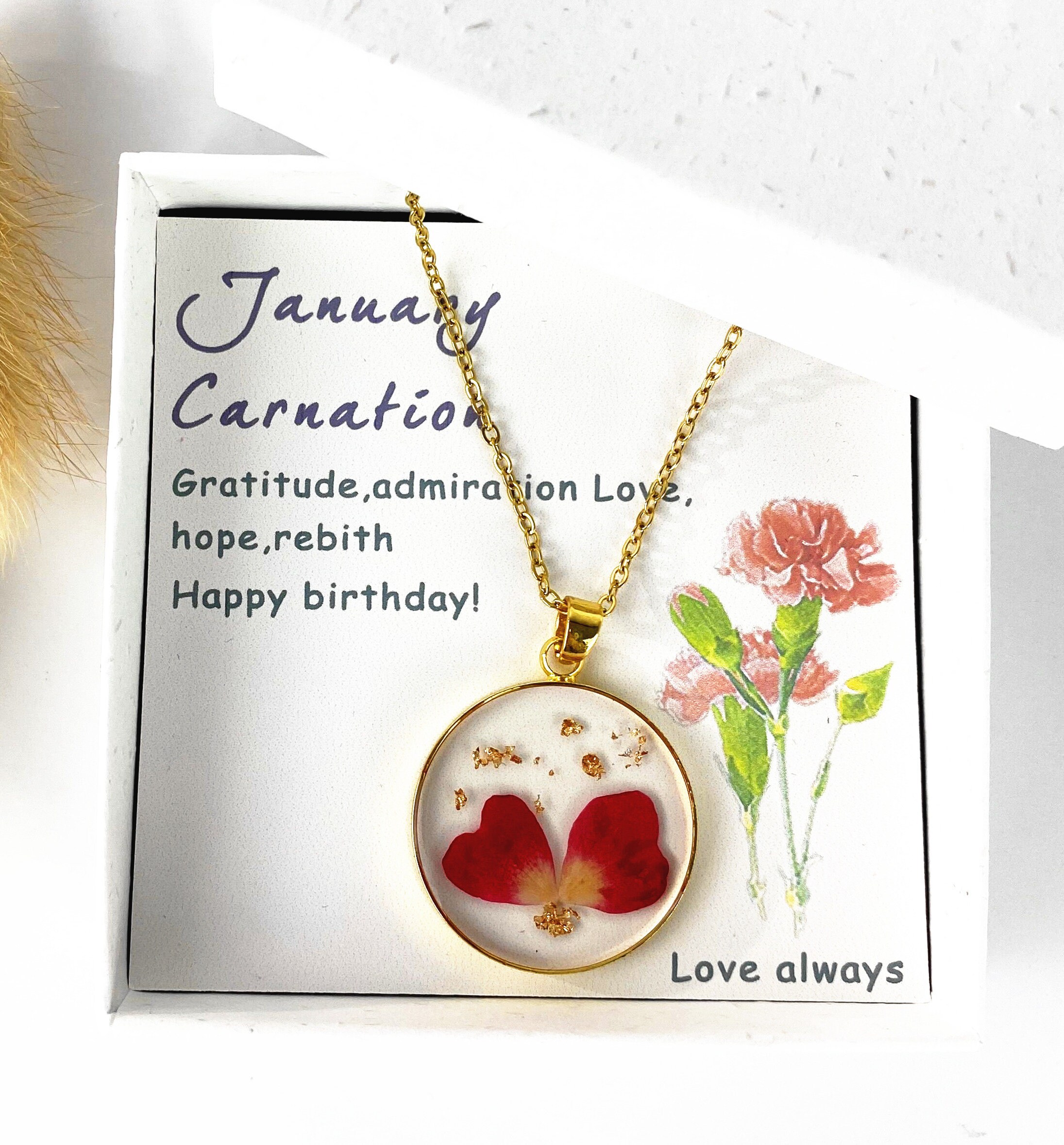 Birth Flower Necklace of January |Handmade Dry Carnation Flower Jewelry |Flower Resin Art| Customized Lover Gift, July / 16IN