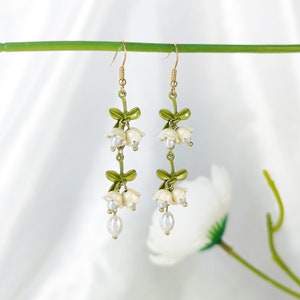 Lily Of The Valley Earrings | Handmade Pearl Earrings | White Bouquet Earrings With Bow | Unique Gifts For Women