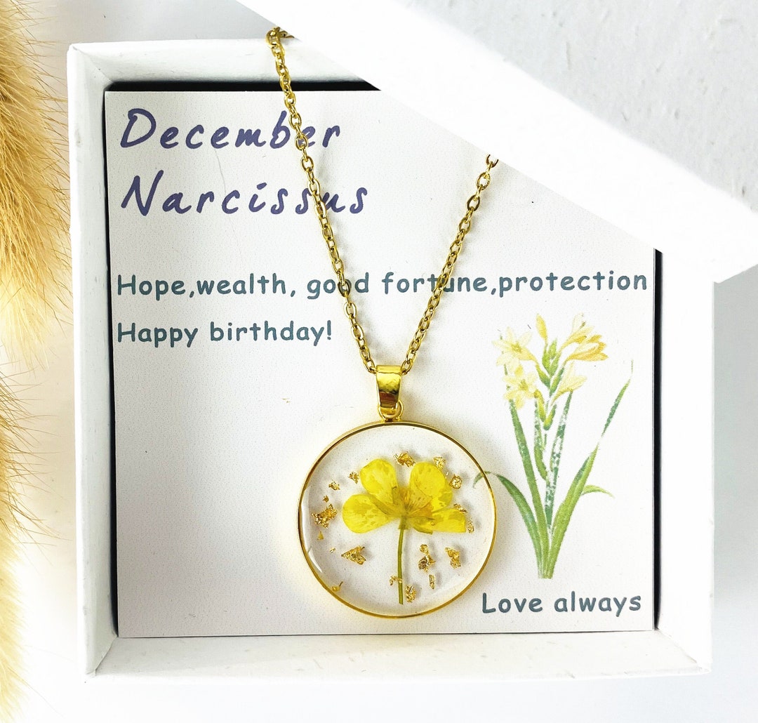Birth Flower Necklace of December Yellow Narcissus Pressed Flower ...