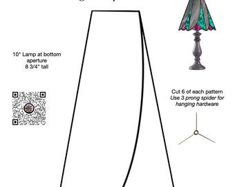 May include: A black and white line drawing of a lampshade pattern for a stained glass lamp. The lampshade is 10 inches wide at the bottom and 8 3/4 inches tall. The text "Nouveau Swag Lamp" is at the top of the image. The text "Down East Stained Glass" is at the bottom of the image. A QR code is in the upper left corner of the image. A small image of a stained glass lamp is in the upper right corner of the image. The text "Cut 6 of each pattern" is in the upper right corner of the image. The text "Use 3 prong spider for hanging hardware" is in the upper right corner of the image. A small image of a 3 prong spider is in the upper right corner of the image. The text "PDF" is in the lower right corner of the image.
