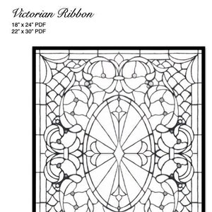 May include: Black and white line art stained glass window design with a Victorian ribbon pattern. The design features a large oval in the centre with a sunburst pattern and intricate floral details.