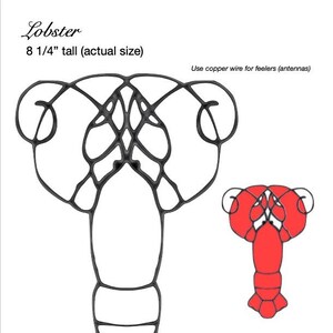 May include: A black and white line art pattern of a lobster, 8 1/4 inches tall. The pattern is for stained glass and includes a red lobster illustration for reference. The text "Use copper wire for feelers (antennas)" is included in the image.