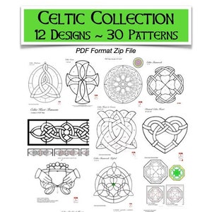 Può includere: Un download digitale di 12 disegni di nodi celtici, ognuno con 30 motivi. I disegni includono una croce, un cuore, un nodo e un trifoglio. I disegni sono in bianco e nero e sono perfetti per progetti di vetrate.