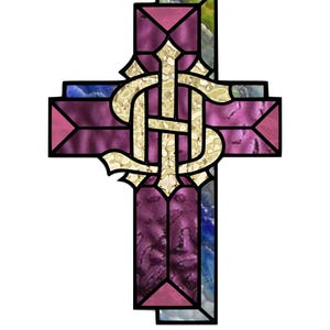 May include: A stained glass cross with a gold monogram. The cross features a purple and blue background with pink accents. The monogram is an ornate gold design, adding a touch of elegance to the religious symbol.
