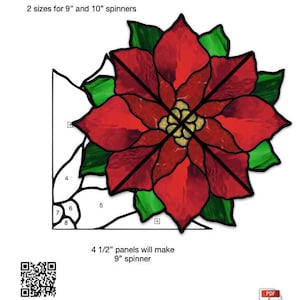以下が含まれることがあります： ポインセチアスピナーのステンドグラスパターン。パターンは8つのピースで構成され、9インチと10インチのスピナー用に設計されています。画像には「4 1/2インチのパネルで9インチのスピナーが作れます」というテキストが含まれています。
